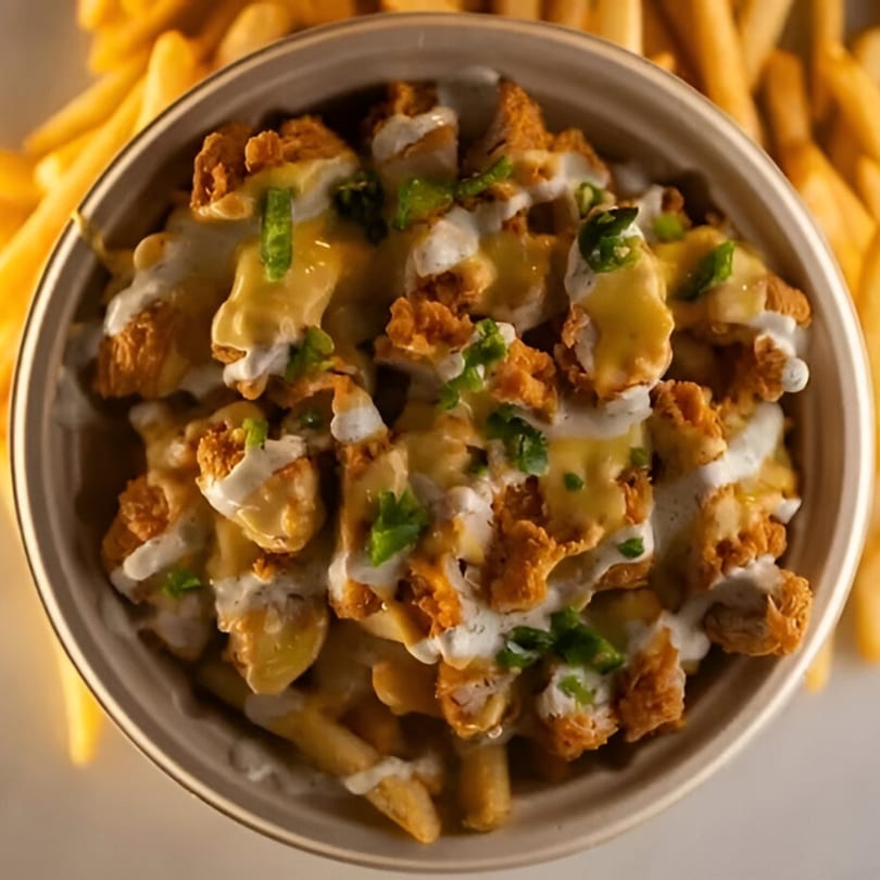 Two Brothers Chicken's loaded fries with fried chicken pieces, cheese sauce, ranch, and green onions.