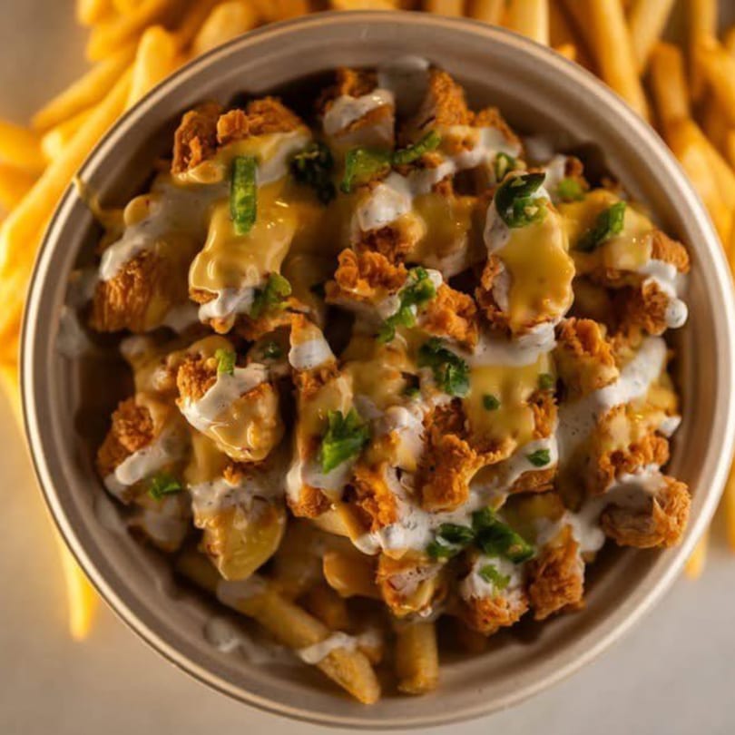 A bowl of Two Brothers Chicken fries topped with fried chicken pieces, cheese sauce, and green onions.